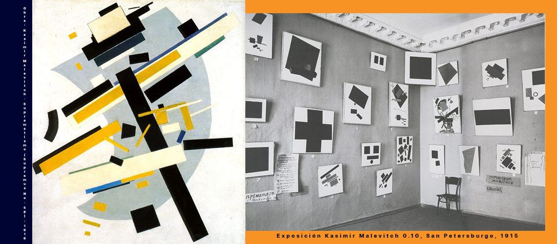 1. Exposición Kasimir Malevitch 0.10, San Petersburgo, 1915 2. Obra: Kasimir Malevitch. Suprematismo (Supremus No. 58), 1916