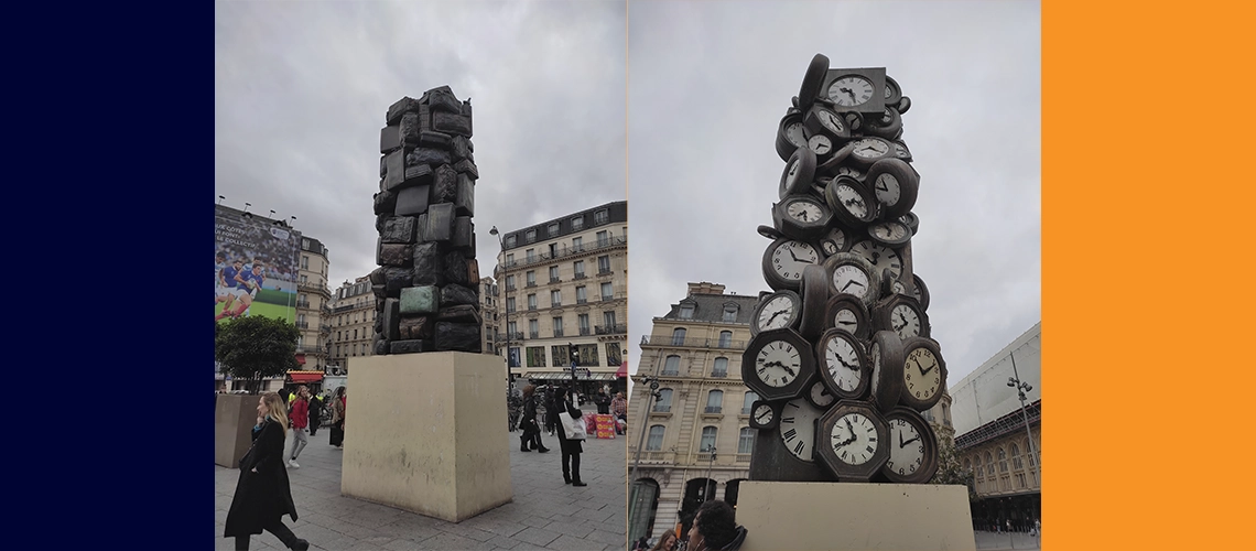 Arman. L'heure de tous (La hora de todos), 1985, acumulación de relojes en bronce, 457,2 x 152,4 x 182,9 cm. Fotografía: Susana Benko Arman. Consigne à vie (Depósito de por vida), 1985, acumulacion de maletas en bronce, 548,6 x 200 x 140 cm. Fotografía: Susana Benko